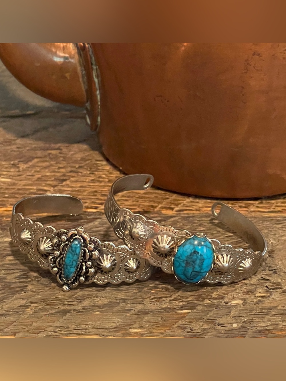 Vintage Mexico silver turquoise cuff bracelets